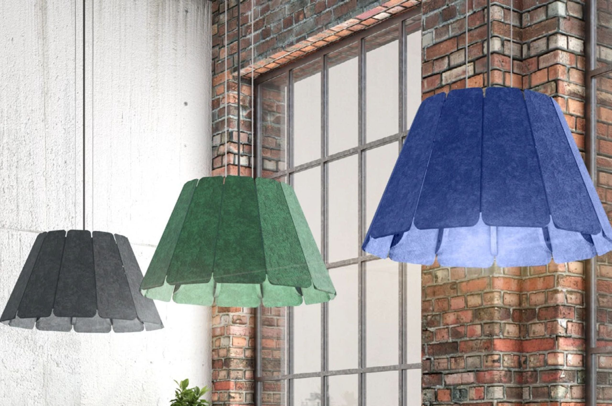 Innovative acoustic lighting fixtures in green and purple, enhancing sound absorption and modern decor in an office setting.