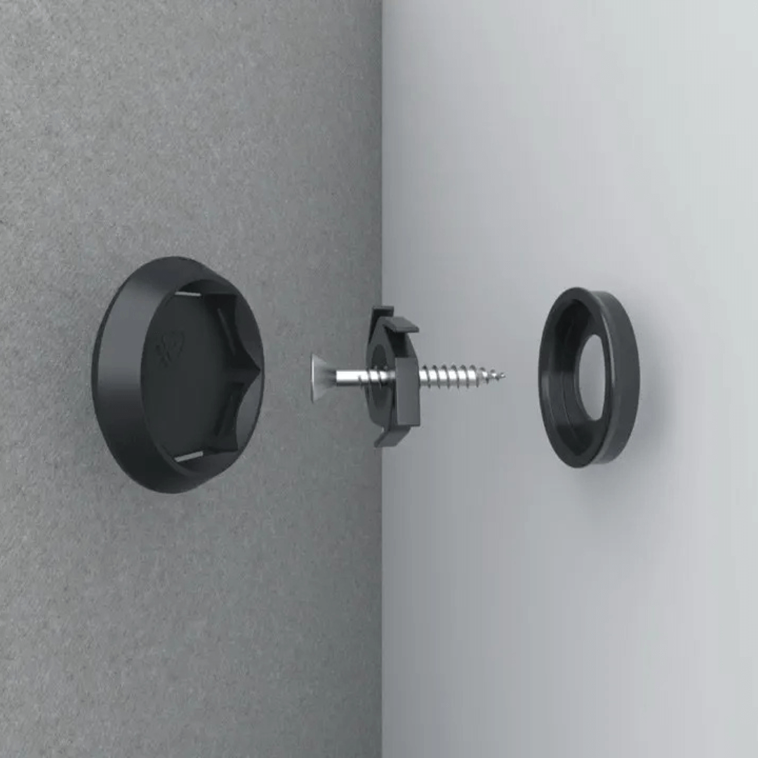 Spinfix™ clips and components for acoustic panels installation, showcasing 100% recycled PET design.