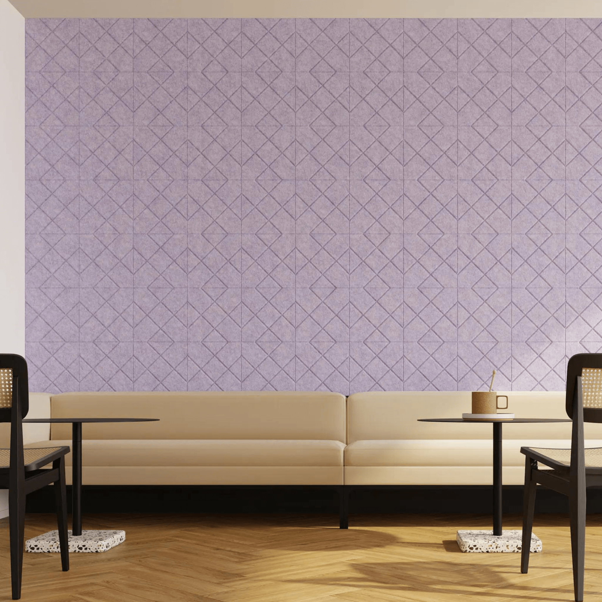 Acoufelt Fracture Crosshatch acoustic tiles in a modern interior featuring a purple wall and seating area.