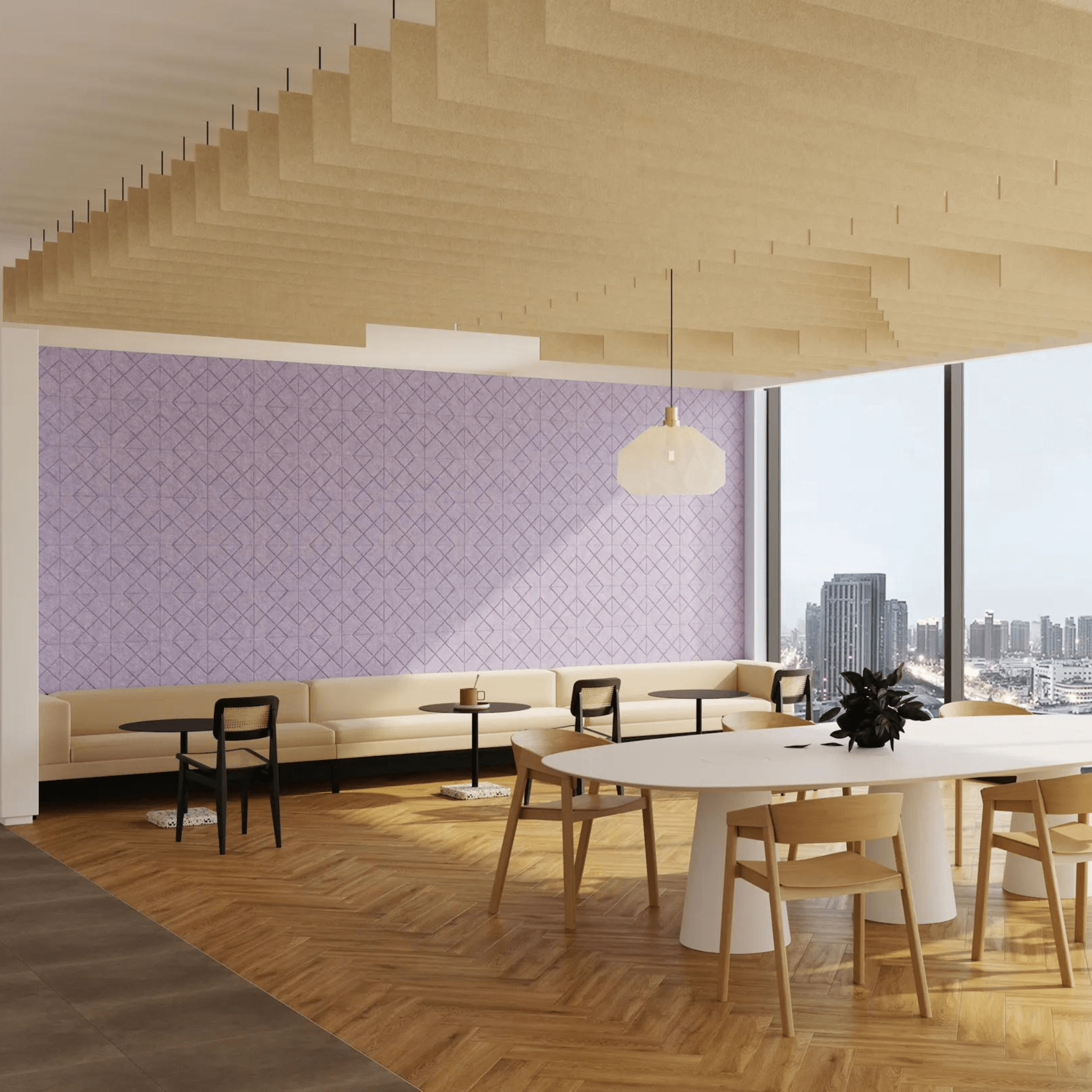 Modern office interior featuring Acoufelt Fracture Crosshatch Acoustic Tiles on the wall, enhancing sound absorption and design.