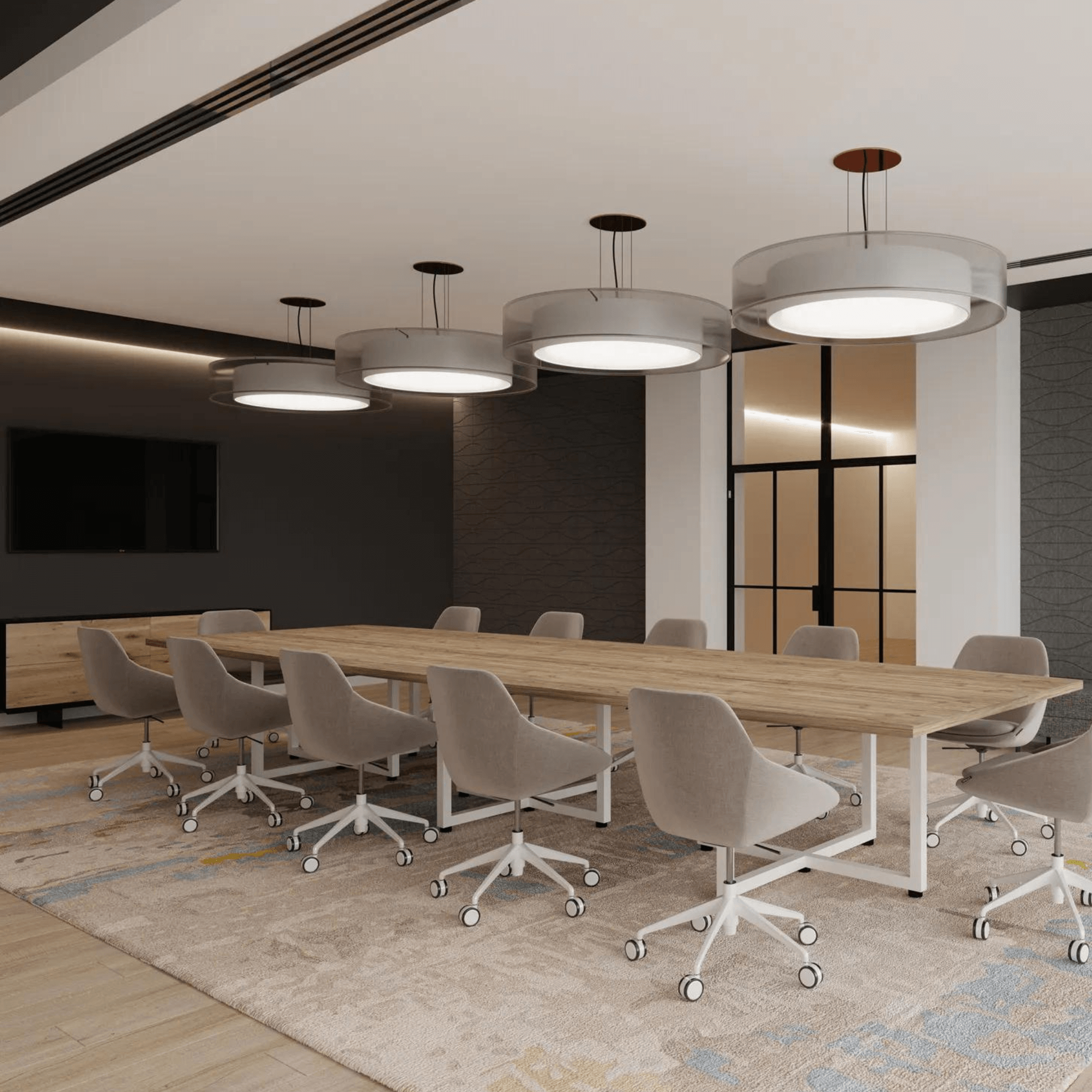 Modern conference room with a long wooden table, stylish chairs, and contemporary lighting fixtures.