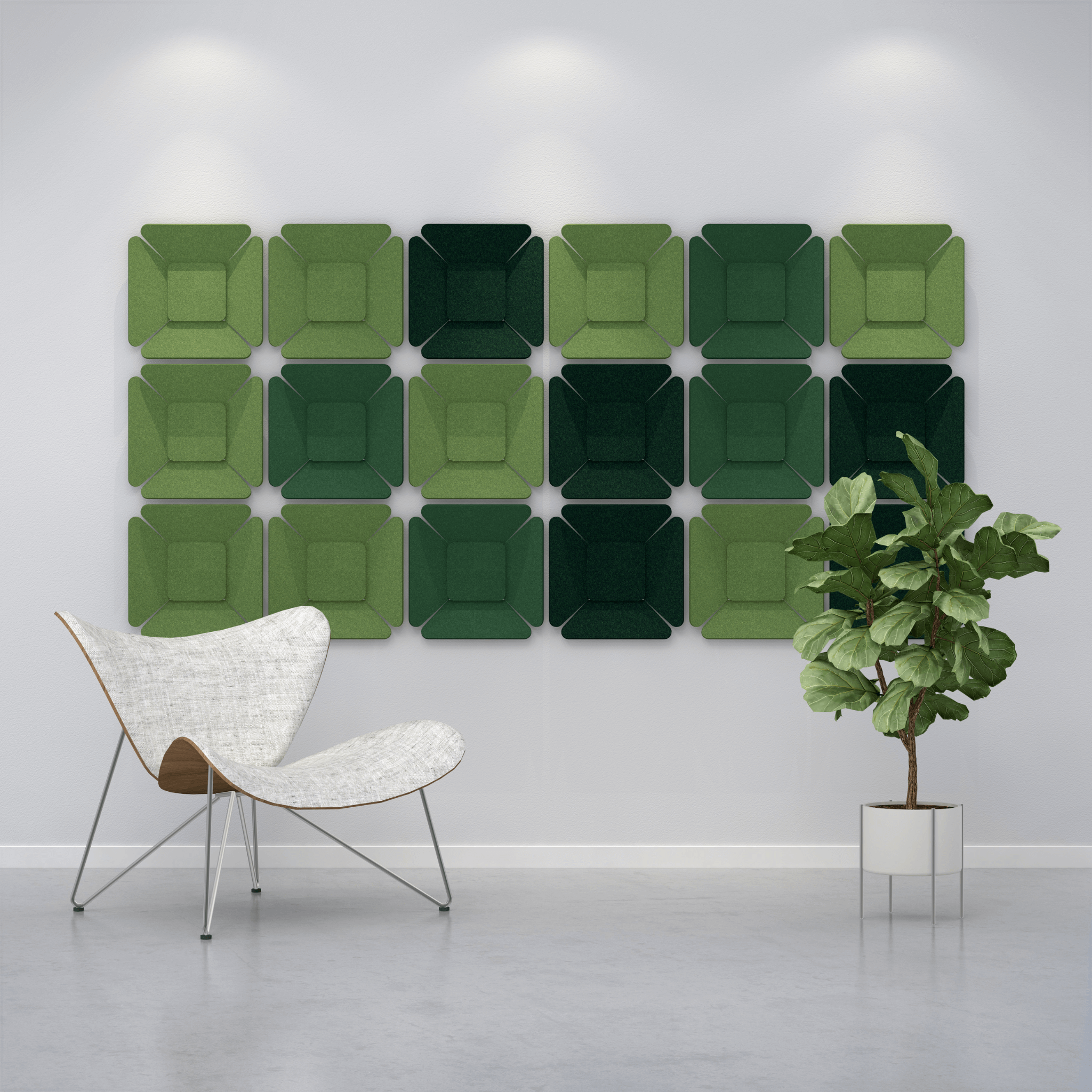 Acoustek Clover 3D Acoustic Wall Panels in green tones, enhancing acoustics in a modern interior setting.