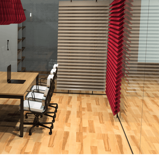 Contemporary office interior featuring Louvre Acoustic Blades for sound absorption and aesthetic appeal.