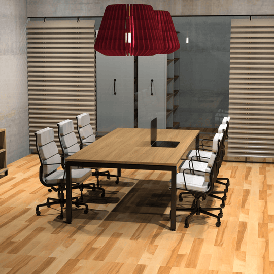 Modern meeting room with louvre acoustic blades, stylish wooden table and ergonomic chairs, enhanced by a red pendant lamp.