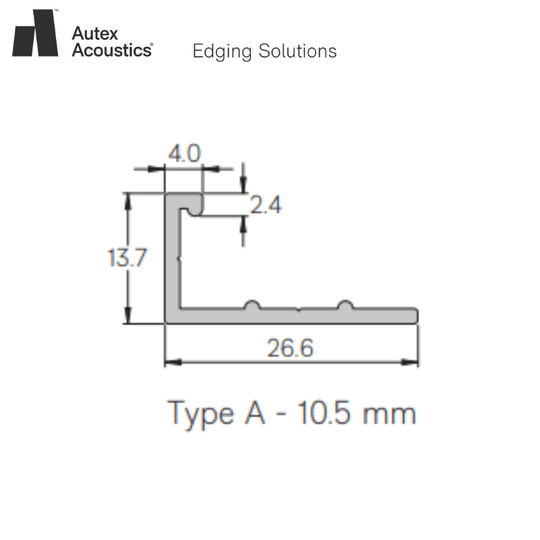 Autex Edging Solutions Type A measurement diagram for acoustic panel trims, showing dimensions in mm.