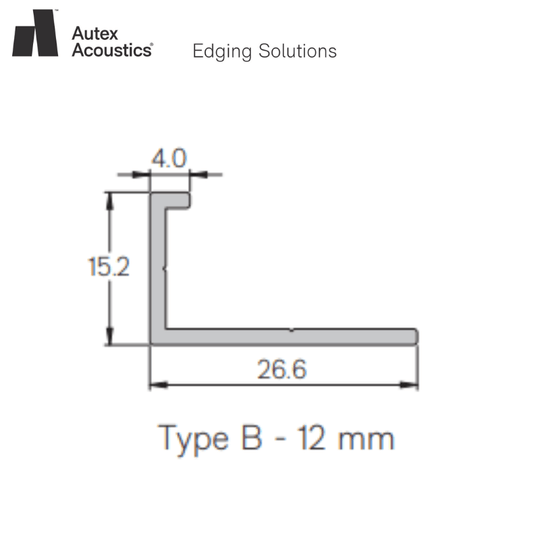 Autex Edging Solutions Type B trim design with dimensions for acoustic panel installations.
