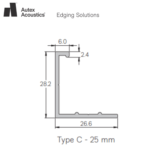 Autex Edging Solutions Type C profile dimensions for acoustic panel installation, featuring a 25 mm trim design.