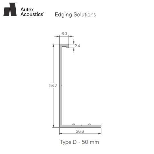 Autex Edging Solutions Type D trim dimensions for acoustic panels, featuring measurements for precise installation.