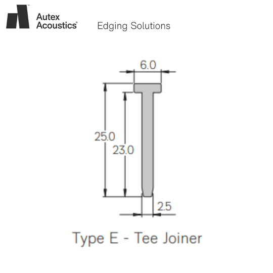 Autex Edging Solutions Type E Tee Joiner dimensions and specifications for acoustic panel installation.