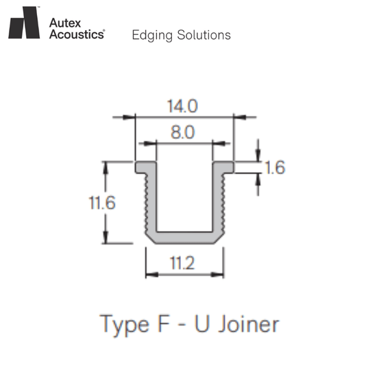 Autex Edging Solutions Type F U Joiner technical drawing with dimensions for acoustic panel installation.