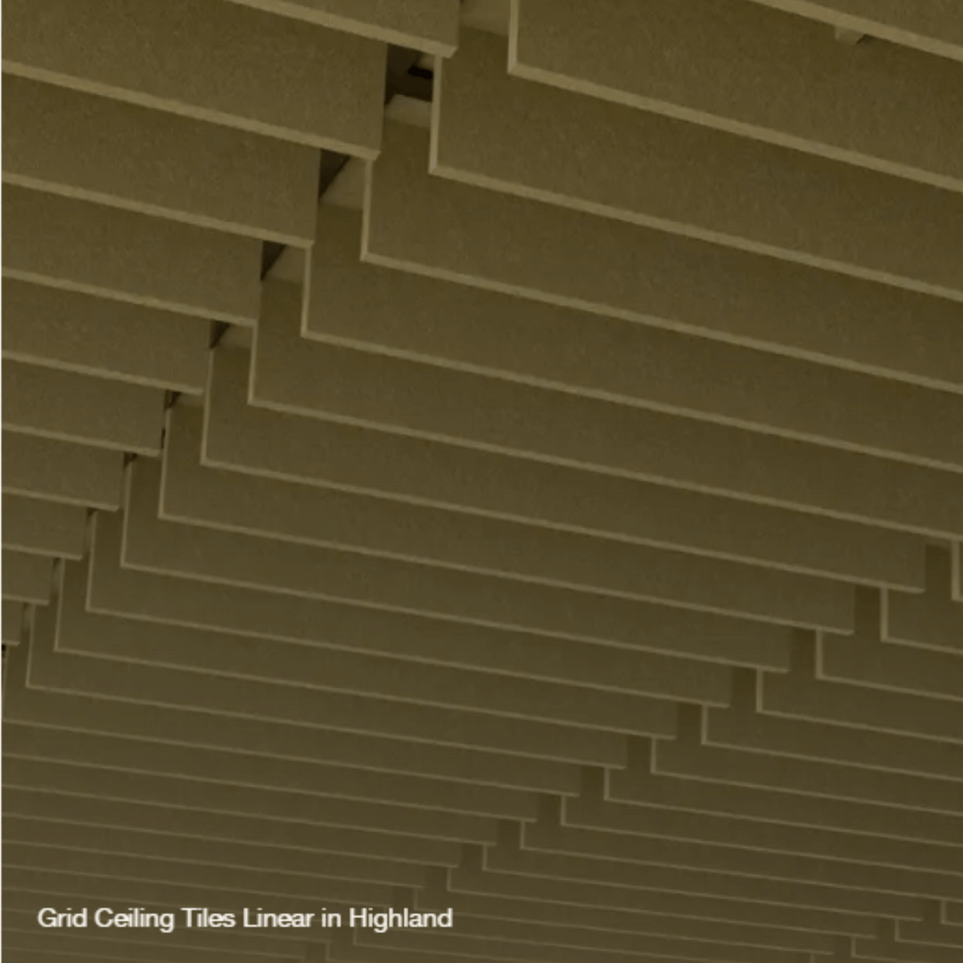 Close-up of Autex grid ceiling tiles in Linear design, showcasing stunning Highland color and modern architectural appeal.