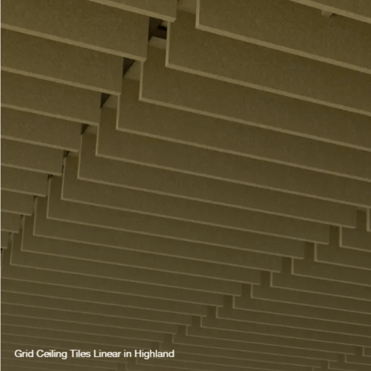 Close-up of Autex grid ceiling tiles in Linear design, showcasing stunning Highland color and modern architectural appeal.