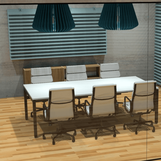 Modern conference room featuring Louvre Acoustic Blades for sound absorption and aesthetic design.