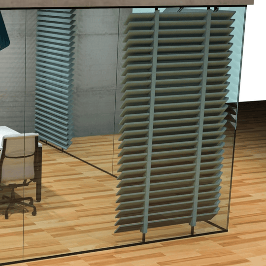 Louvre Acoustic Blades in a glass office space, designed for sound absorption and aesthetic appeal.