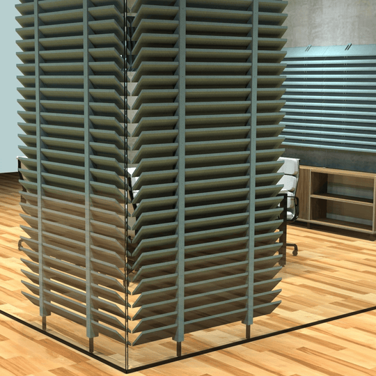 Louvre Acoustic Blades in modern office space, enhancing sound absorption and privacy with elegant design.