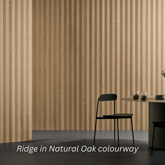 Ridge wall design in Natural Oak colourway, creating a warm and elegant atmosphere with vertical stripes.