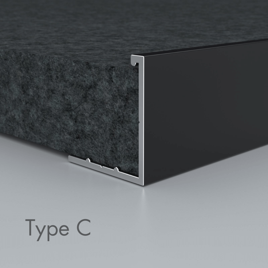 Close-up of Autex Edging Solutions Type C trim for acoustic panels, showcasing a clean finish and robust design.