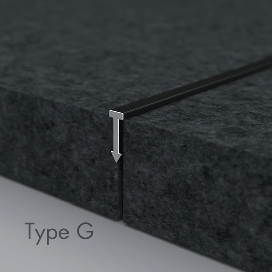Close-up view of Autex Edging Solutions Type G trim enhancing acoustic panel joints.