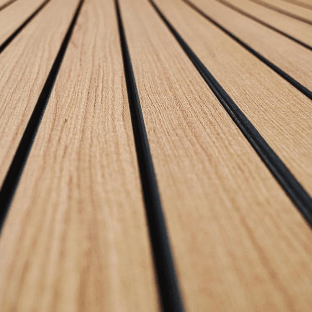 Close-up of Groove Acoustic Panels with timber texture, showcasing angular cuts for enhanced aesthetics and sound absorption.