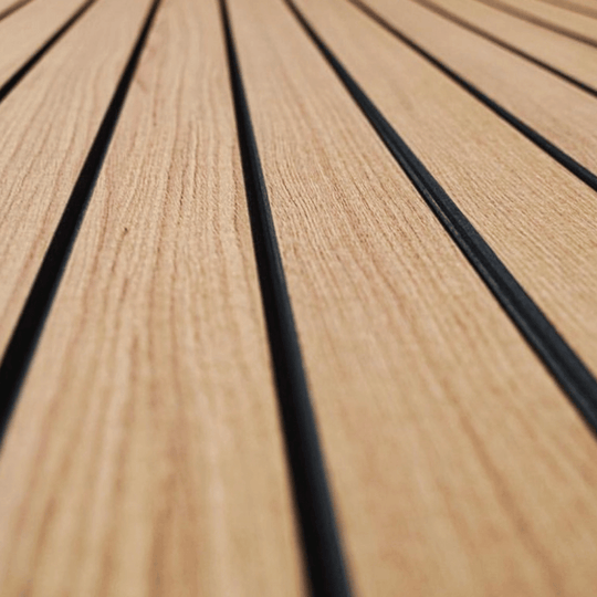 Close-up of Groove Acoustic Panels with timber texture, showcasing angular cuts for enhanced aesthetics and sound absorption.