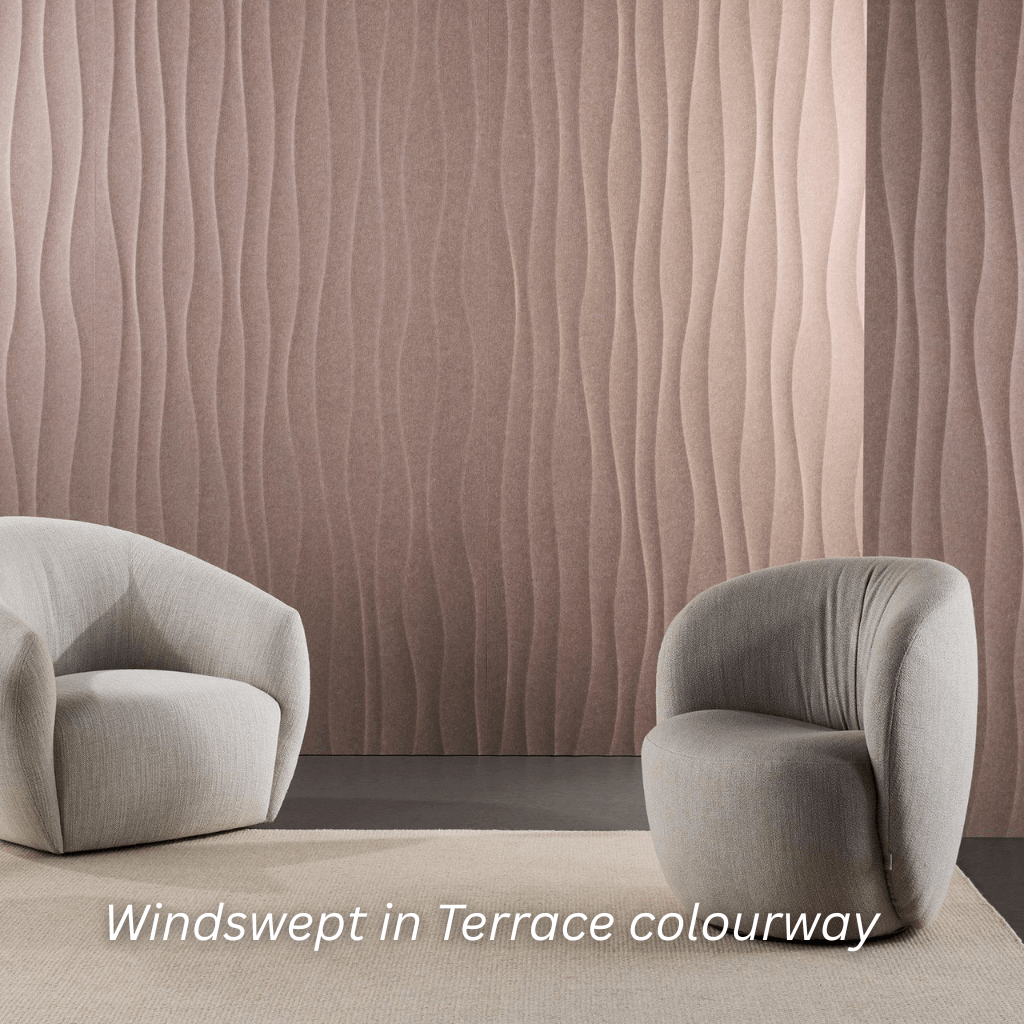 Windswept wall texture in Terrace colourway behind two modern, curved armchairs in a stylish interior.