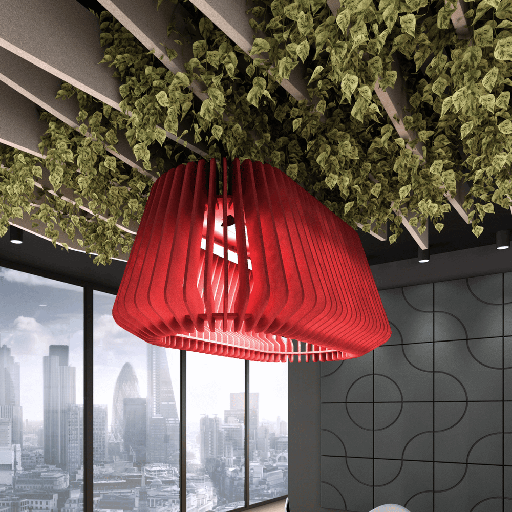 Zephyr Acoustic Lighting Shades in red, enhancing noise attenuation in a modern office with city view.