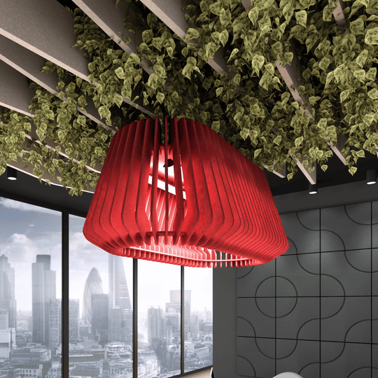 Zephyr Acoustic Lighting Shades in red, enhancing noise attenuation in a modern office with city view.