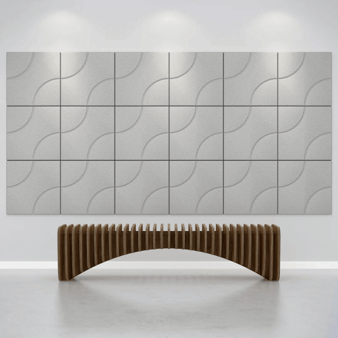 Acoustek Cavasinni acoustic wall tiles in a modern interior with a stylish wooden bench.