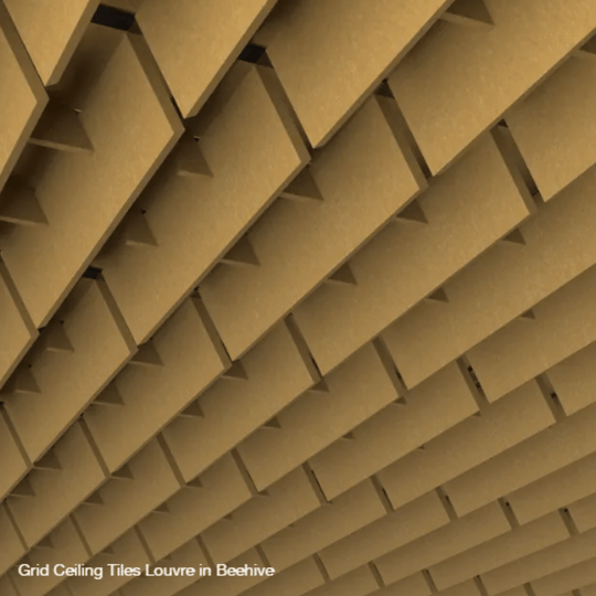 Grid ceiling tiles in louvre design showcasing a beehive pattern, enhancing interior acoustic quality and aesthetics.
