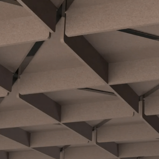 Grid ceiling tiles in Vertex pattern, creating a modern acoustic feature for interior spaces.