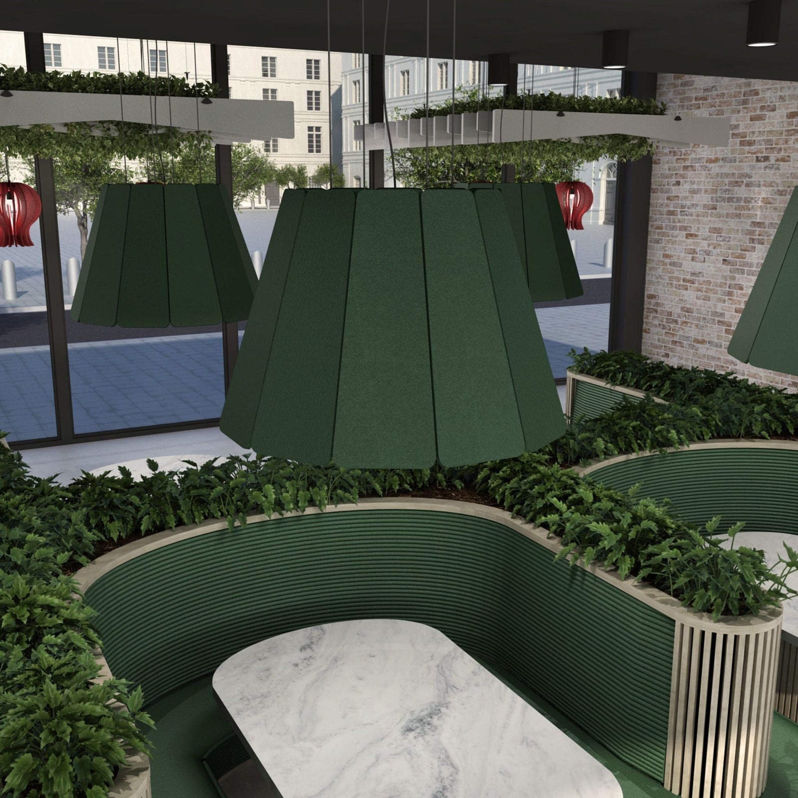 acoustic lighting hanging above a green seating area with plants in a modern cafe setting