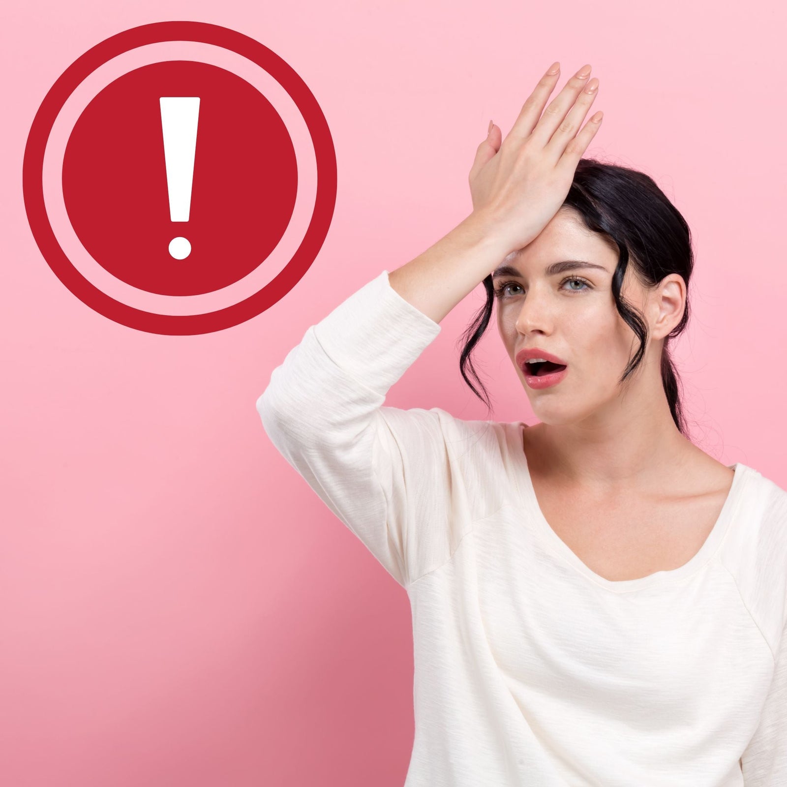 woman highlighting a mistake in acoustic treatment with an exclamation mark symbol on a pink background