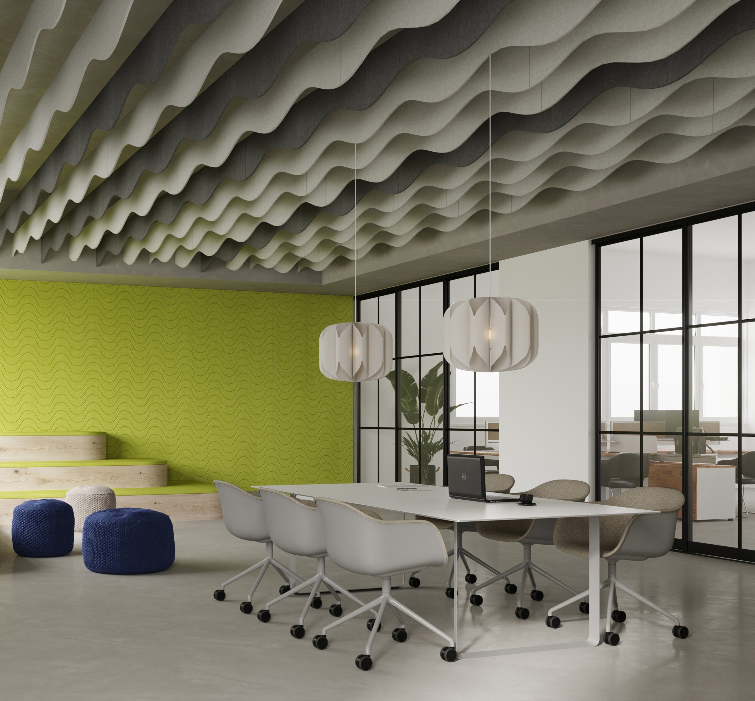 Modern office space featuring Acoufelt Fracture Tiles for acoustic sound products and soundproofing solutions.