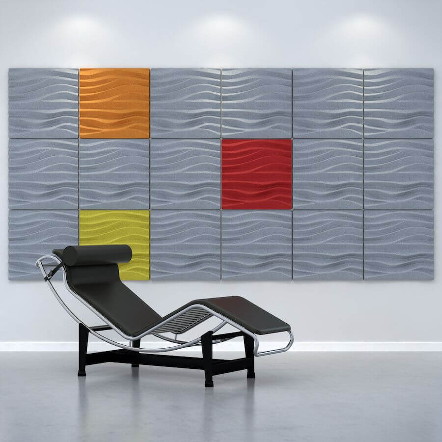 Stylish 3D acoustic panels in various colours enhancing a modern lounge space with soundproofing benefits.