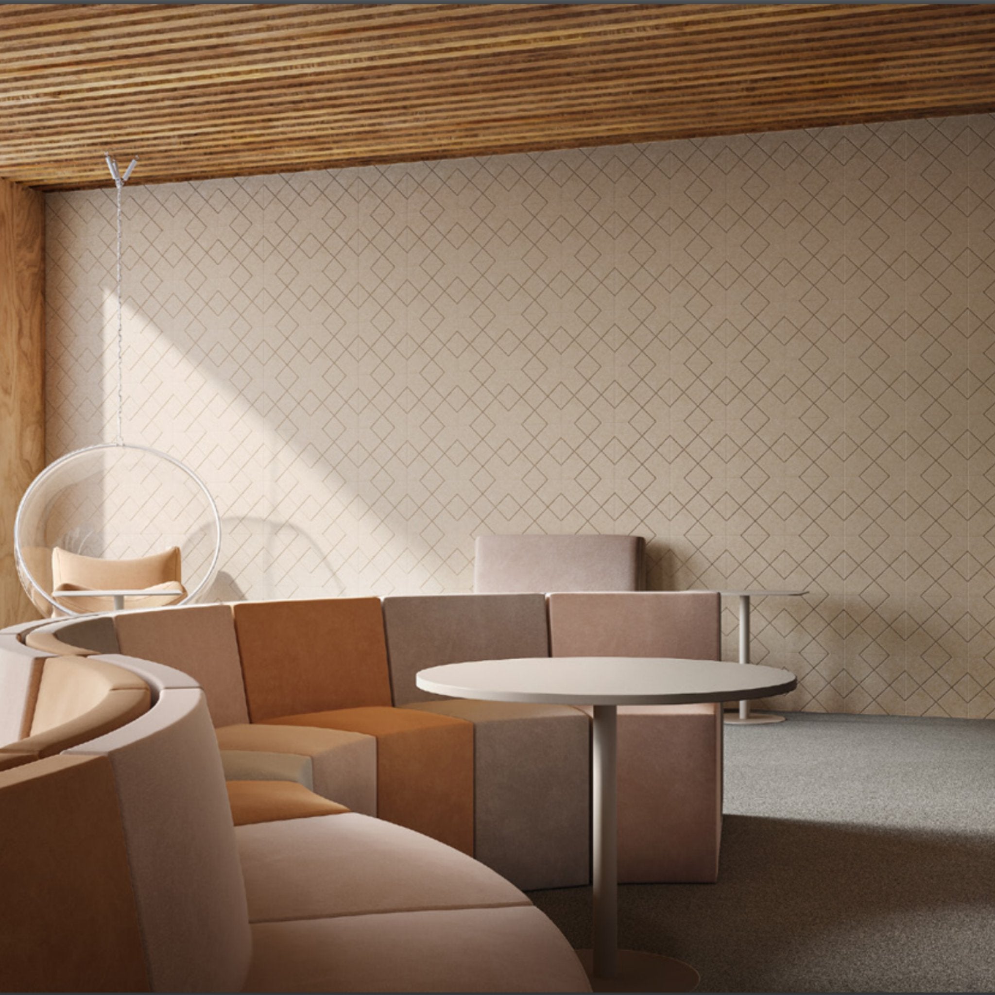 Modern office interior featuring acoustic panels and soundproofing design for enhanced noise absorption.