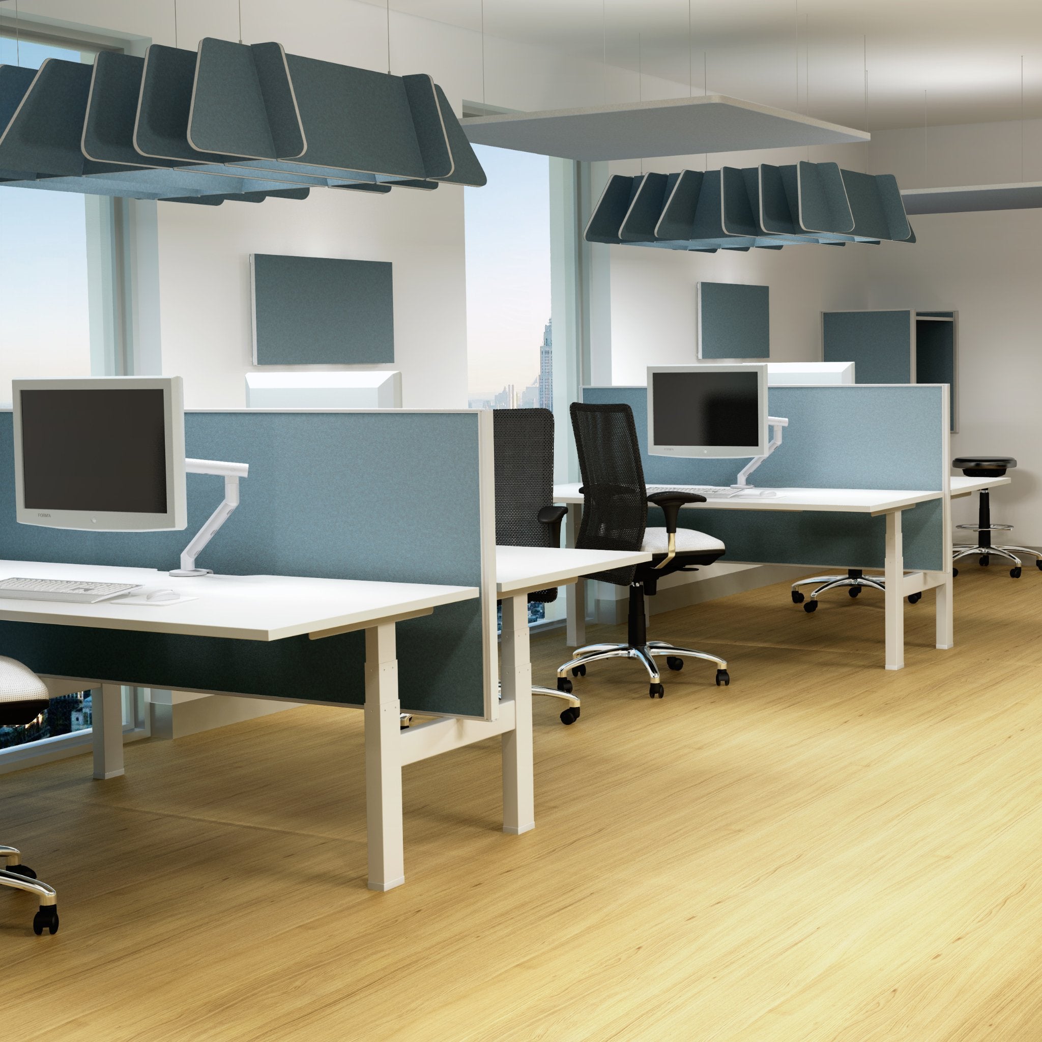 Modern office layout featuring acoustic panels for soundproofing and enhanced focus in workspaces.