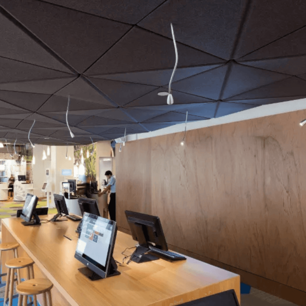 Autex 3D Acoustic Ceiling Tiles enhance sound absorption and modern design in a contemporary office setting.