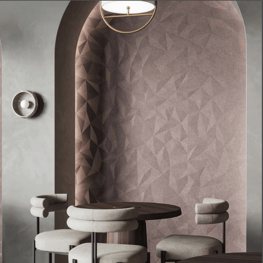 Acoufelt QuietForm™ 3D Debossed Acoustic Tiles "Kalos" enhance interior design and manage noise in a stylish space.