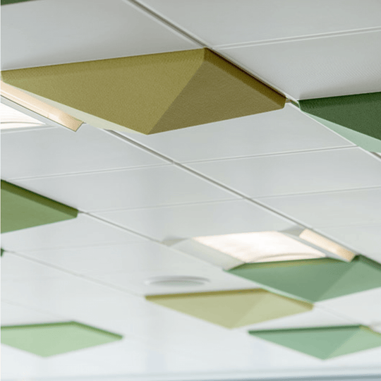 Autex 3D Acoustic Ceiling Tiles in green and gold, enhancing sound absorption and modern design in an interior space.