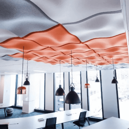 Autex 3D Acoustic Ceiling Tiles in a modern office, showcasing sound absorption and contemporary design.