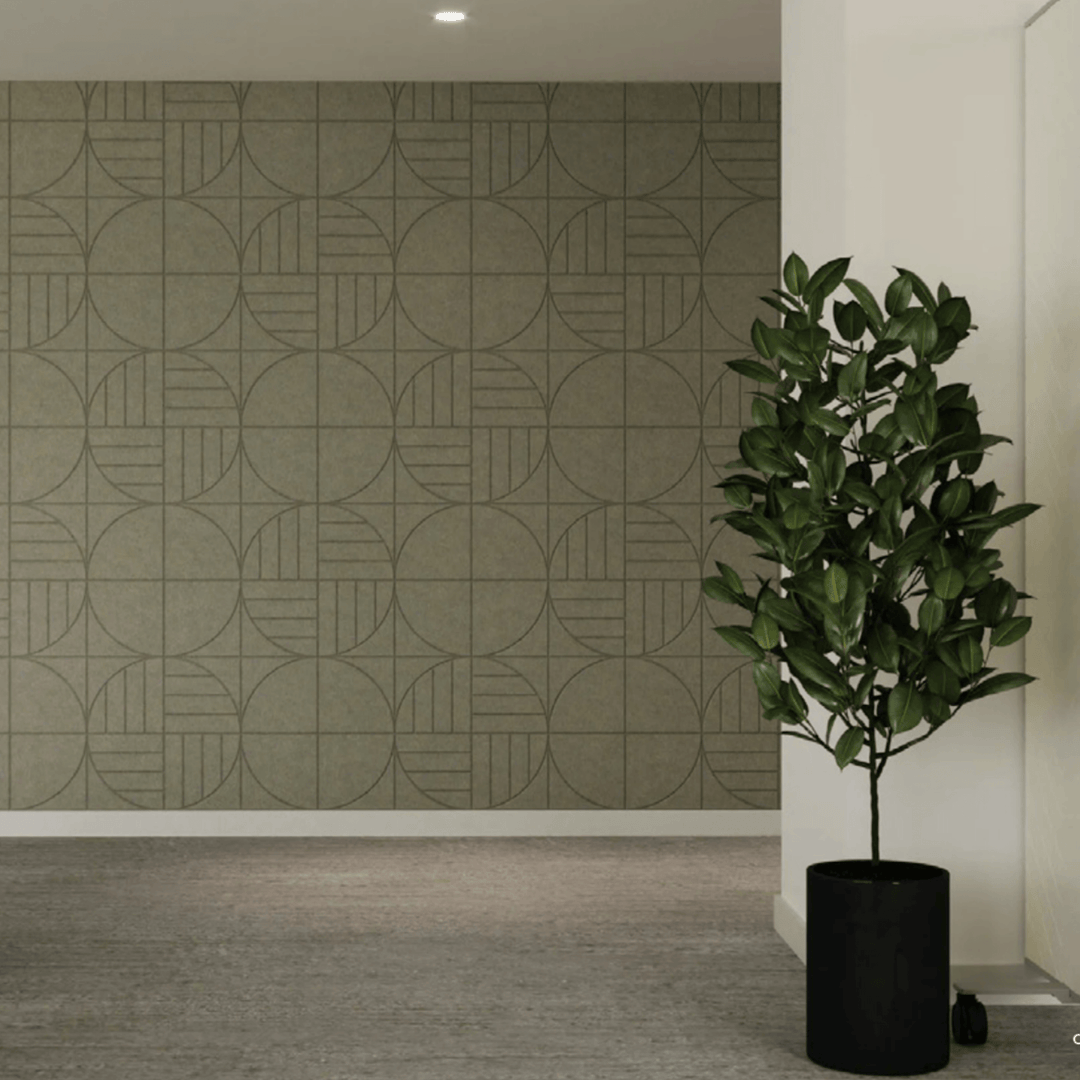 Contemporary interior featuring Acoufelt Fracture Acoustic Tiles in a geometric pattern with a potted plant.