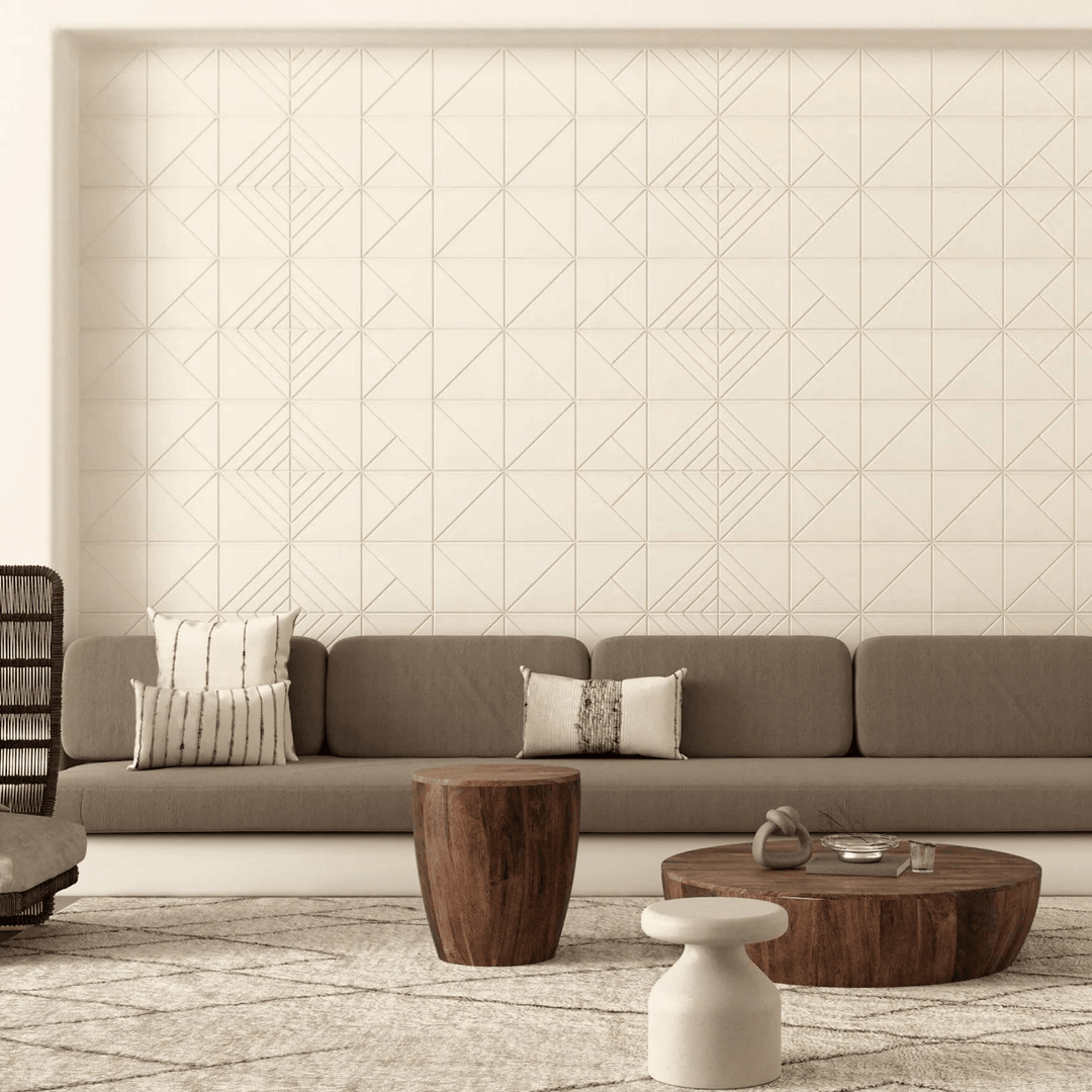 Modern living room featuring Acoufelt Fracture Acoustic Tiles and stylish furniture for enhanced sound absorption and design.