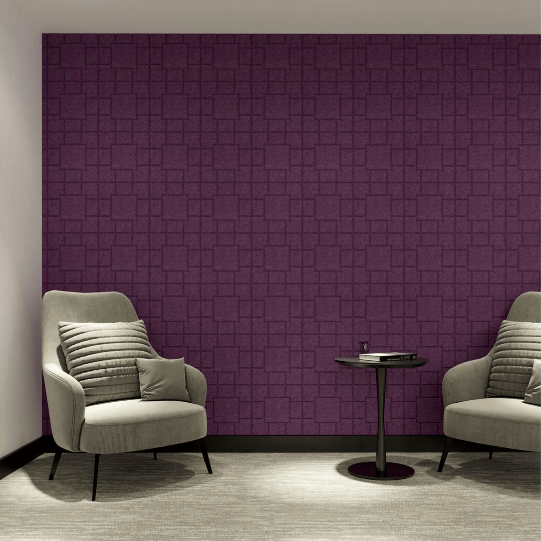 Acoufelt Fracture Acoustic Tiles in purple design enhancing a modern interior with chairs and a table.