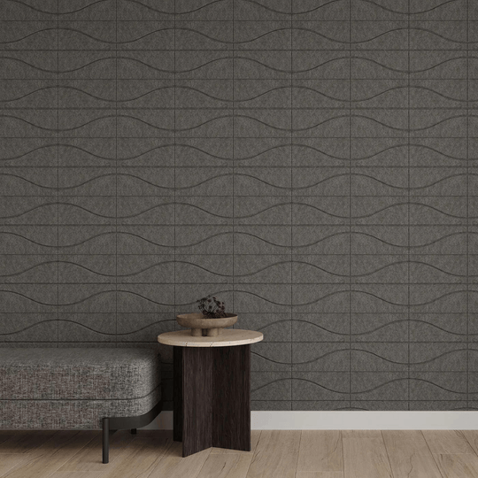 Acoufelt Fracture Acoustic Tiles in gray wave pattern, enhancing interior design and sound absorption for modern spaces.