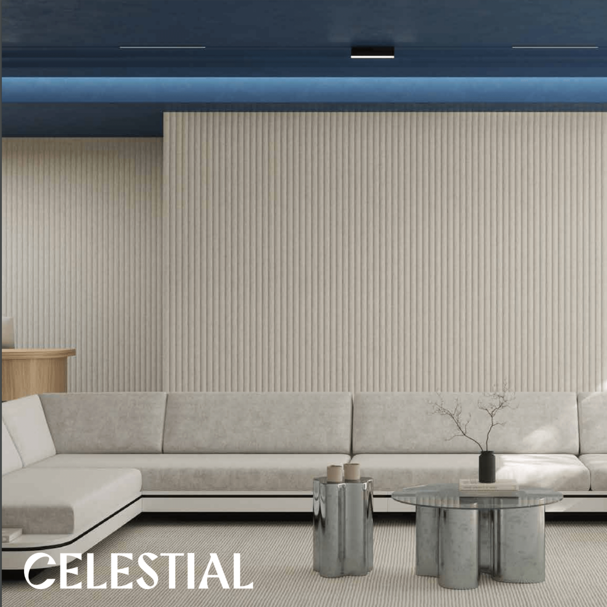 Acoufelt QuietForm™ Celestial acoustic tiles on a textured wall enhancing modern interior design and noise management.