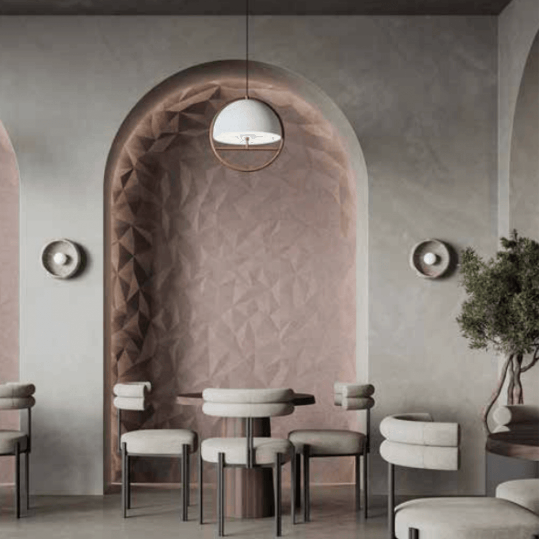 Acoufelt QuietForm™ 3D Debossed Acoustic Tiles "Kalos" enhancing a modern interior with stylish design and noise management.