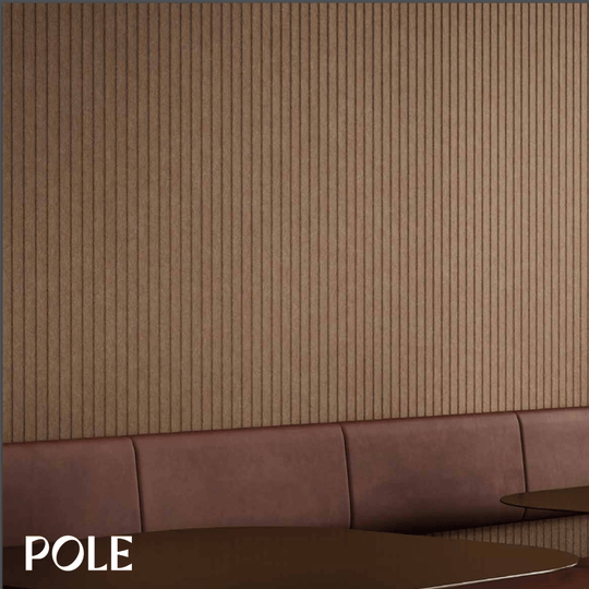 Acoufelt QuietForm™ 3D Debossed Acoustic Tiles "Pole" showcasing a textured brown wall design in a modern interior setting.