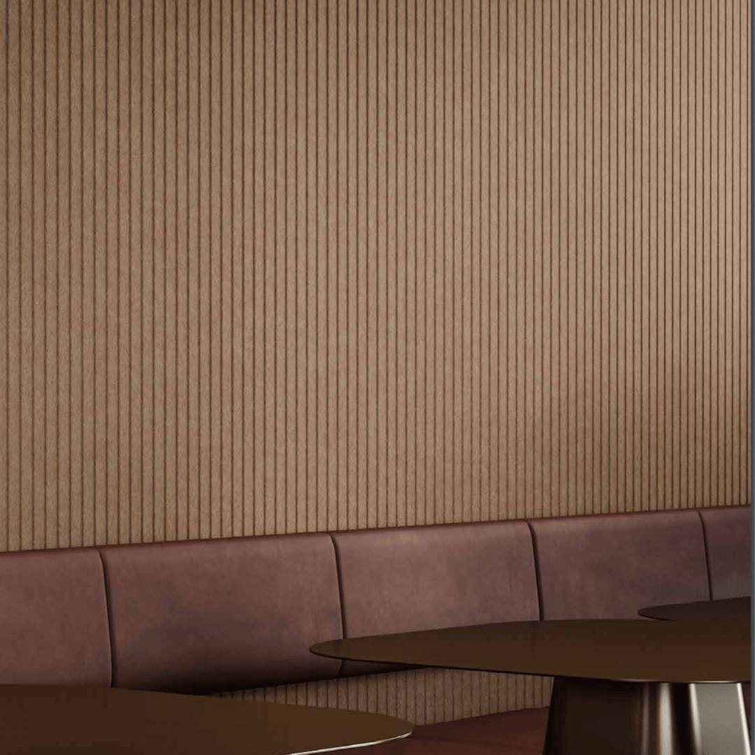 Acoufelt QuietForm™ 3D Debossed Acoustic Tiles "Pole" on a textured wall in a modern interior setting.