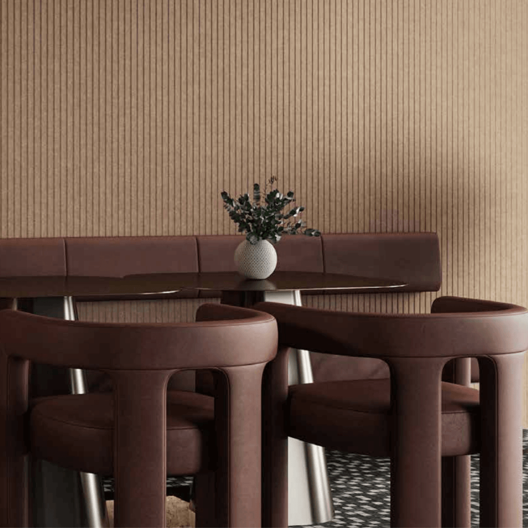 Acoufelt QuietForm™ 3D Debossed Acoustic Tiles "Pole" enhancing a modern interior with stylish brown seating and decorative vase.