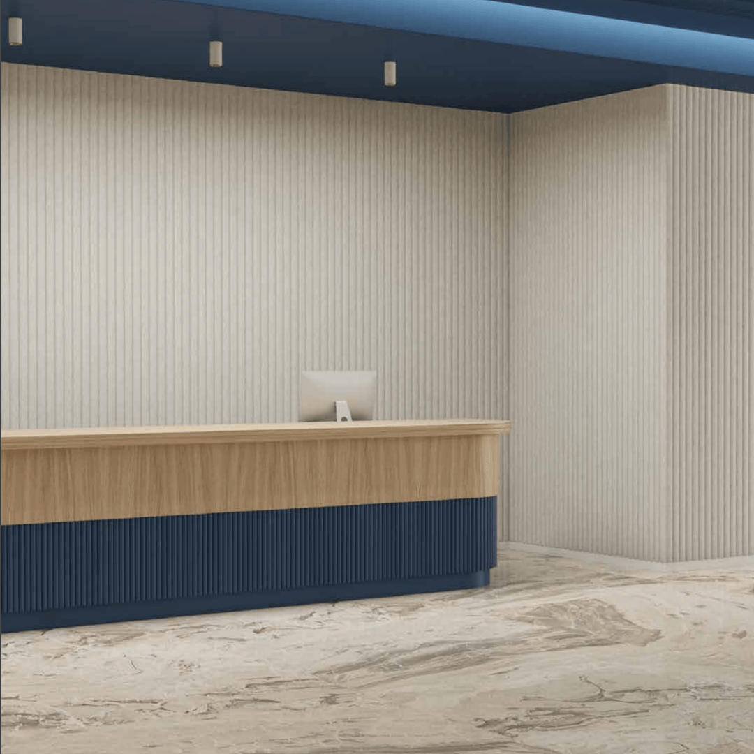 Acoufelt QuietForm™ 3D Debossed Acoustic Tiles in a modern reception area, enhancing sound absorption and design.